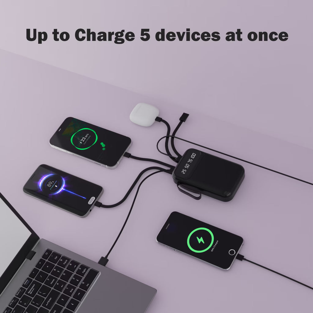 10000Mah Power Bank Portable Charger with Cables, USB Battery Pack Compatible for Iphone & Android Cell Phones, Black