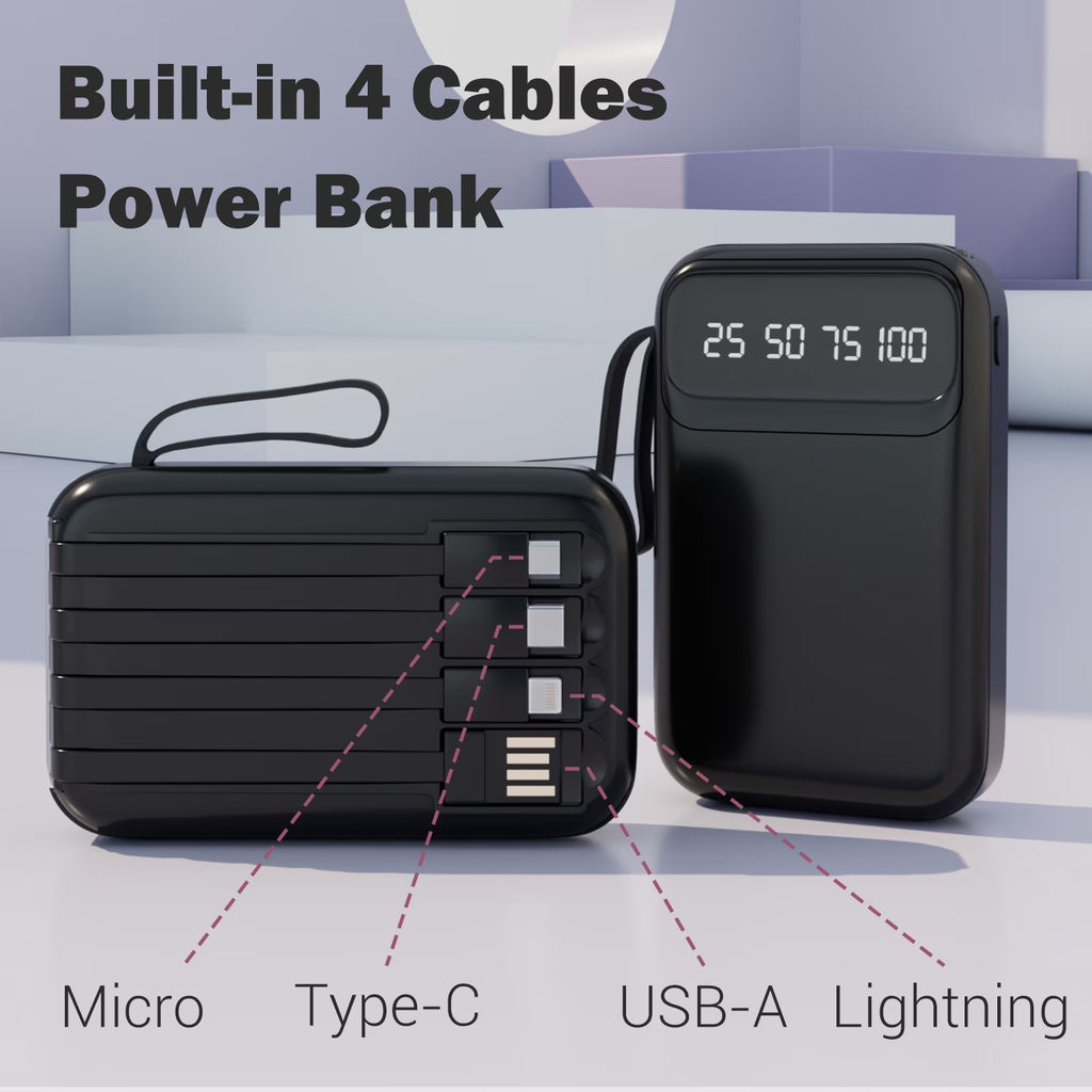 10000Mah Power Bank Portable Charger with Cables, USB Battery Pack Compatible for Iphone & Android Cell Phones, Black