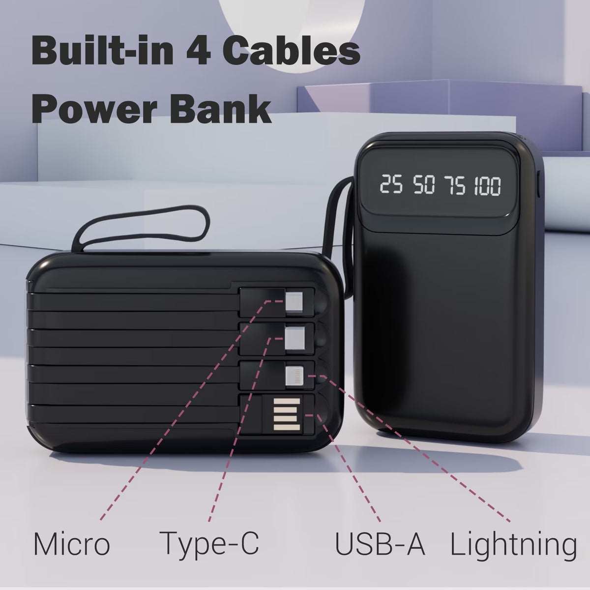 10000Mah Power Bank Portable Charger with Cables, USB Battery Pack Compatible for Iphone & Android Cell Phones, Black