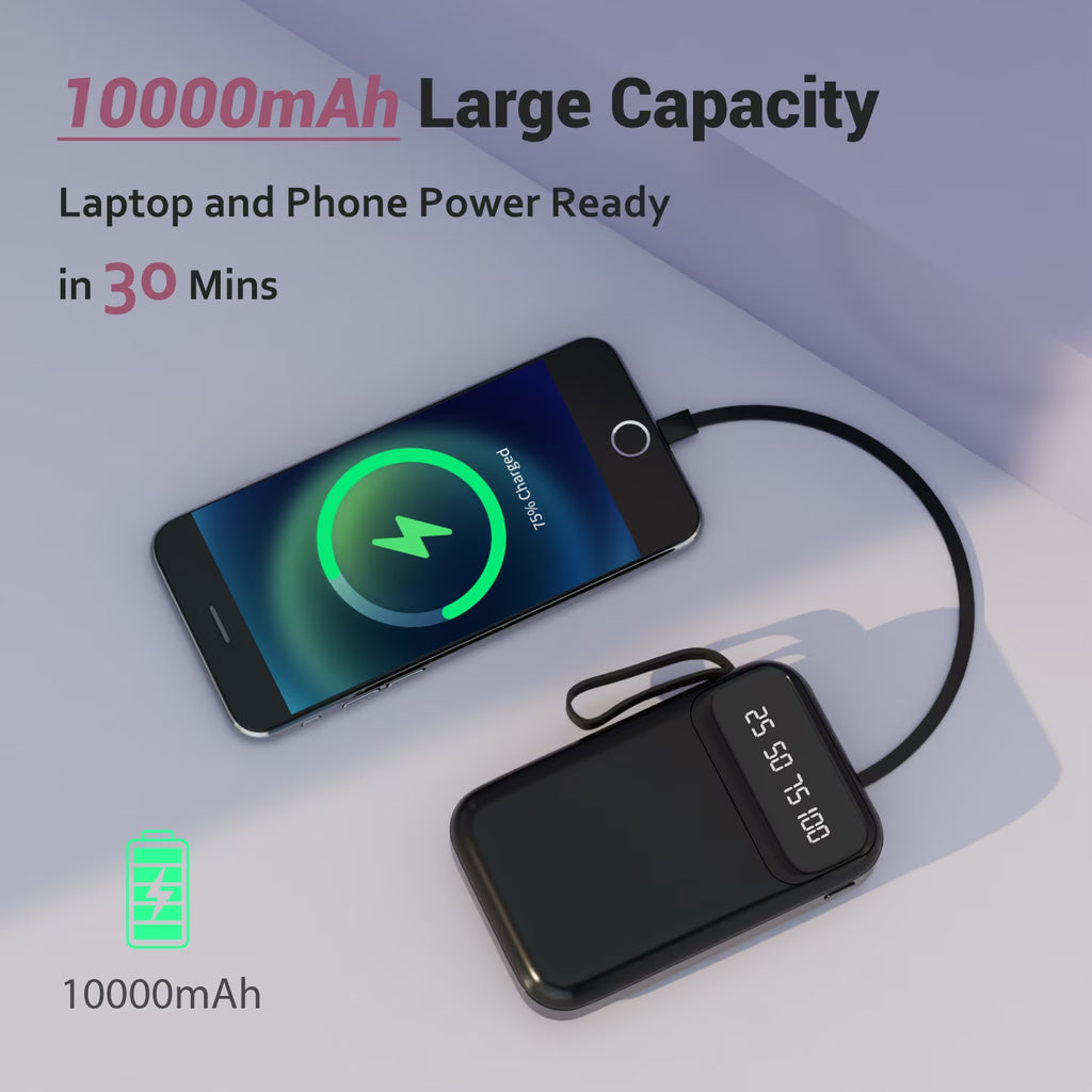 10000Mah Power Bank Portable Charger with Cables, USB Battery Pack Compatible for Iphone & Android Cell Phones, Black