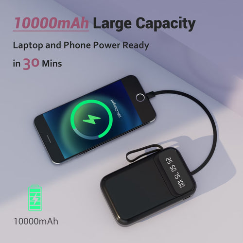 10000Mah Power Bank Portable Charger with Cables, USB Battery Pack Compatible for Iphone & Android Cell Phones, Black
